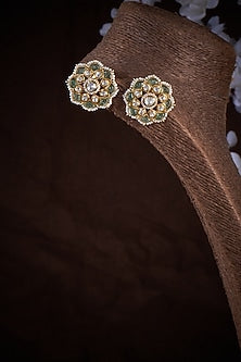 Gold Plated Kundan Polki & Fluorite Stone Stud Earrings In Sterling Silver
