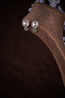 Gold Plated Kundan Polki & Green Stone Stud Earrings In Sterling Silver
