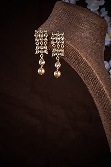 Gold Finish Kundan Polki & Pearl Dangler Earrings In Sterling Silver
