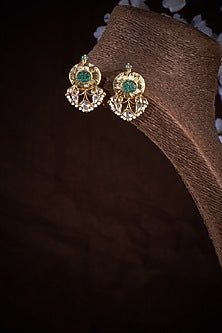 Gold Finish Fluorite Stone & Pearl Dangler Earrings In Sterling Silver