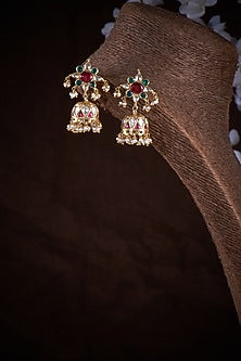 Gold Plated Ruby & Green Onyx Jhumka Earrings In Sterling Silver