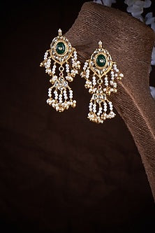 Gold Plated Kundan Polki & Green Onyx Dangler Earrings In Sterling Silver