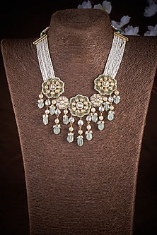 Gold Plated Kundan Polki & Pearl Necklace In Sterling Silver