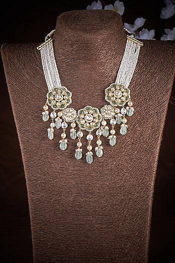 Gold Plated Kundan Polki & Pearl Necklace In Sterling Silver