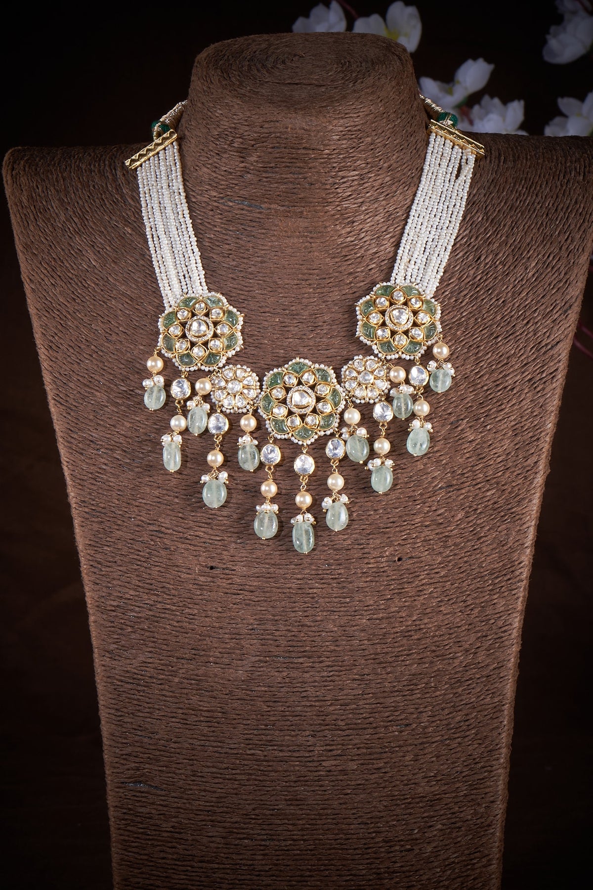 Gold Plated Kundan Polki & Pearl Necklace In Sterling Silver