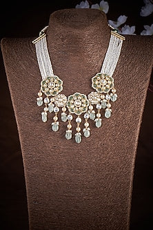 Gold Plated Kundan Polki & Pearl Necklace In Sterling Silver