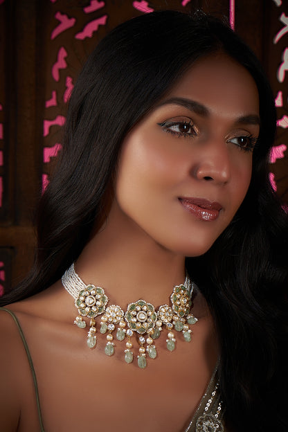 Gold Plated Kundan Polki & Pearl Necklace In Sterling Silver