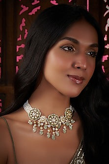 Gold Plated Kundan Polki & Pearl Necklace In Sterling Silver