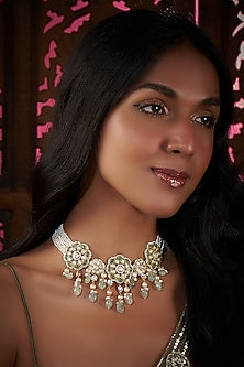 Gold Plated Kundan Polki & Pearl Necklace In Sterling Silver