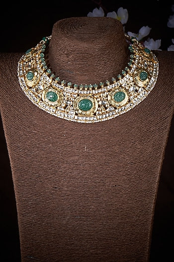 Gold Finish Kundan Polki & Green Fluorite Stone Bridal Necklace In Sterling Silver