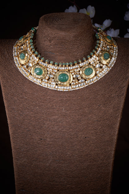 Gold Finish Kundan Polki & Green Fluorite Stone Bridal Necklace In Sterling Silver