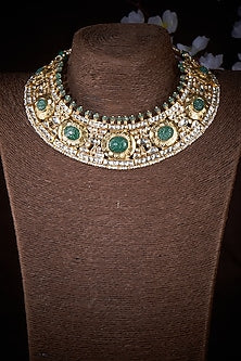 Gold Finish Kundan Polki & Green Fluorite Stone Bridal Necklace In Sterling Silver