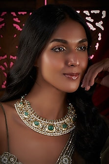 Gold Finish Kundan Polki & Green Fluorite Stone Bridal Necklace In Sterling Silver