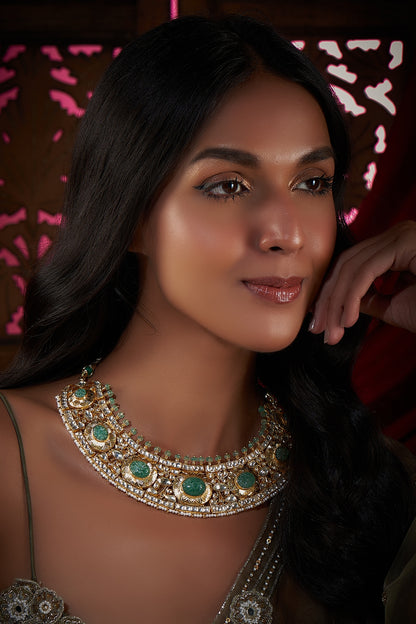 Gold Finish Kundan Polki & Green Fluorite Stone Bridal Necklace In Sterling Silver