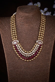 Gold Plated Kundan Polki & Red Onyx Beaded Long Necklace In Sterling Silver