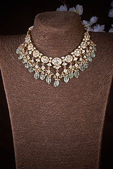 Gold Finish Kundan Polki & Fluorite Stone Necklace In Sterling Silver