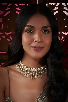 Gold Finish Kundan Polki & Fluorite Stone Necklace In Sterling Silver
