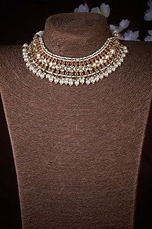 Gold Finish Red Kundan Polki & Pearl Necklace In Sterling Silver