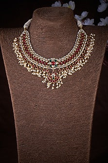Gold Finish Red & Green Kundan Polki Necklace In Sterling Silver
