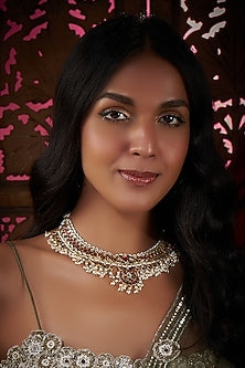 Gold Finish Red & Green Kundan Polki Necklace In Sterling Silver