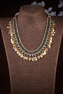 Gold Finish Kundan Polki & Pearl Long Necklace In Sterling Silver