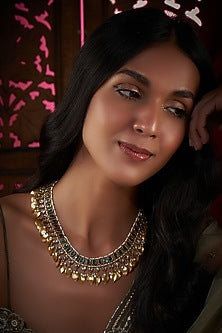 Gold Finish Kundan Polki & Pearl Long Necklace In Sterling Silver