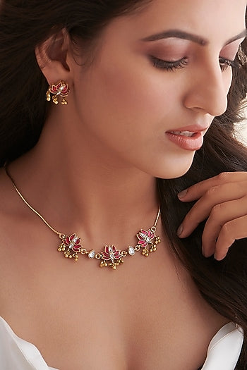Gold Finish Ruby Stone & Kundan Polki Necklace In Sterling Silver