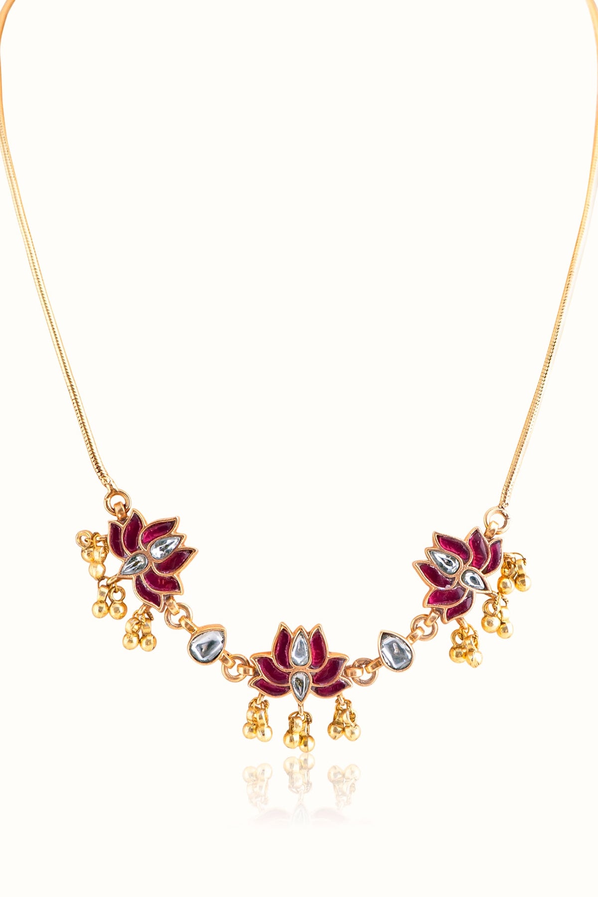Gold Finish Ruby Stone & Kundan Polki Necklace In Sterling Silver