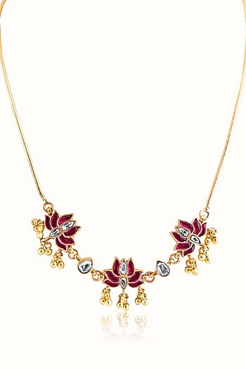 Gold Finish Ruby Stone & Kundan Polki Necklace In Sterling Silver
