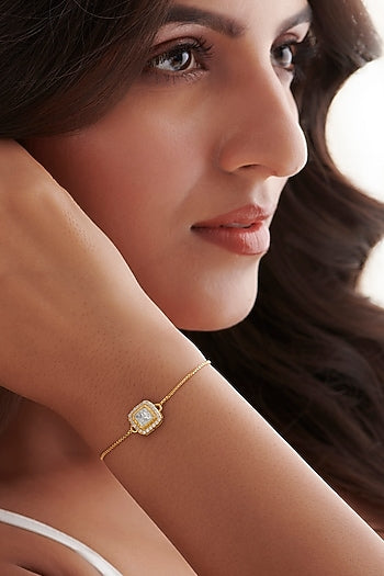 Gold Finish Cubic Zirconia & Kundan Polki Adjustable Bracelet In Sterling Silver