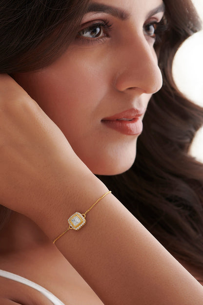 Gold Finish Cubic Zirconia & Kundan Polki Adjustable Bracelet In Sterling Silver