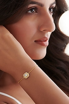Gold Finish Cubic Zirconia & Kundan Polki Adjustable Bracelet In Sterling Silver