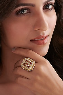 Gold Finish Ruby Stone & Kundan Polki Adjustable Ring In Sterling Silver