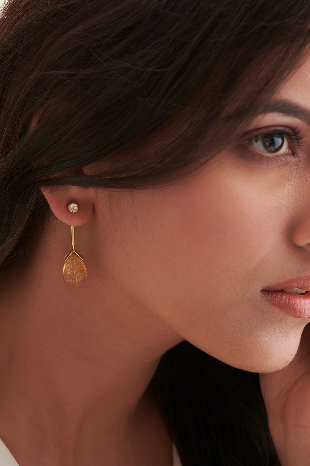 Gold Finish Carved Citrine Teardrop Dangler Earrings In Sterling Silver