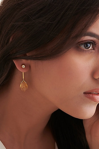 Gold Finish Carved Citrine Teardrop Dangler Earrings In Sterling Silver