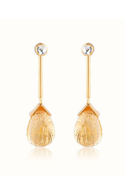 Gold Finish Carved Citrine Teardrop Dangler Earrings In Sterling Silver