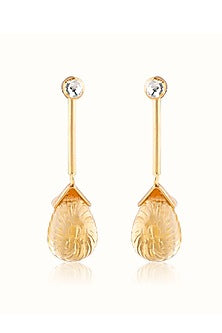 Gold Finish Carved Citrine Teardrop Dangler Earrings In Sterling Silver
