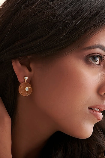 Gold Finish Diamond Floral Dangler Earrings In Sterling Silver