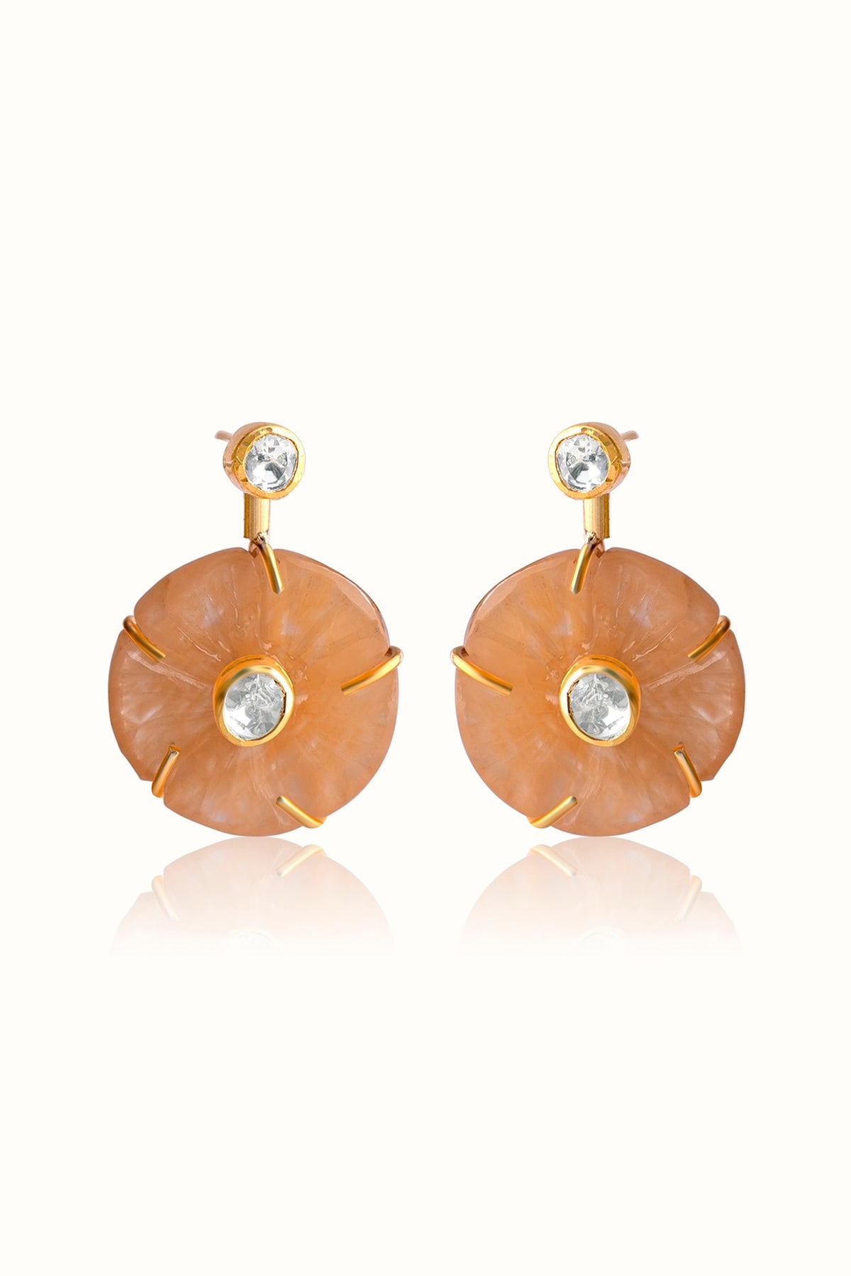 Gold Finish Diamond Floral Dangler Earrings In Sterling Silver