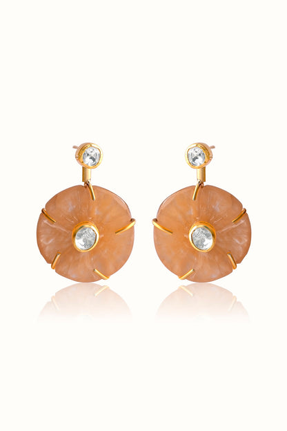Gold Finish Diamond Floral Dangler Earrings In Sterling Silver