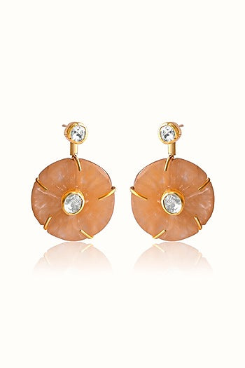 Gold Finish Diamond Floral Dangler Earrings In Sterling Silver