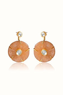 Gold Finish Diamond Floral Dangler Earrings In Sterling Silver