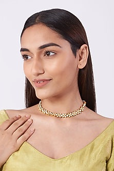 Gold Finish Kundan Polki Choker Necklace In Sterling Silver