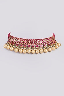 Gold Finish Kundan & Pearl Choker Necklace In Sterling Silver