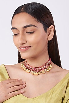 Gold Finish Kundan & Pearl Choker Necklace In Sterling Silver