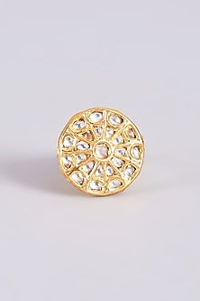 Gold Finish Kundan Polki Adjustable Ring In Sterling Silver