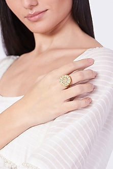 Gold Finish Kundan Polki Adjustable Ring In Sterling Silver