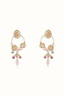 Gold Finish Pink Tourmaline & Green Aventurine Stone Dangler Earrings In Sterling Silver
