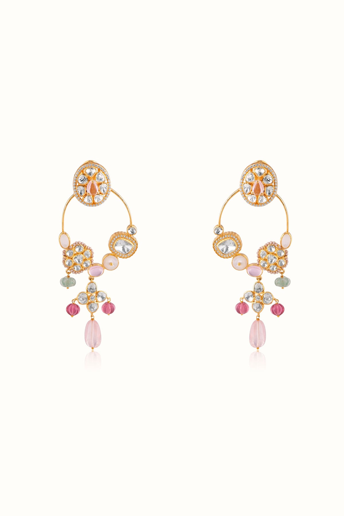 Gold Finish Pink Tourmaline & Green Aventurine Stone Dangler Earrings In Sterling Silver