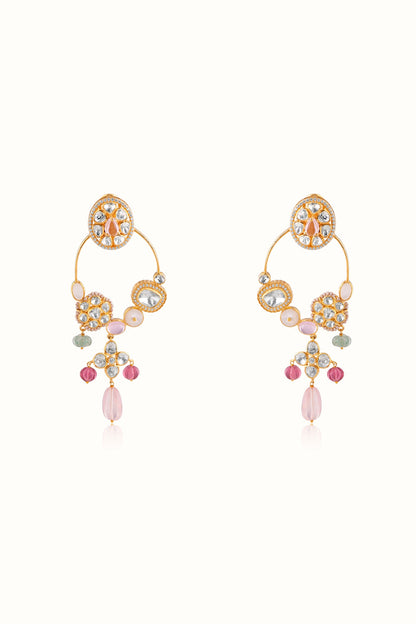 Gold Finish Pink Tourmaline & Green Aventurine Stone Dangler Earrings In Sterling Silver